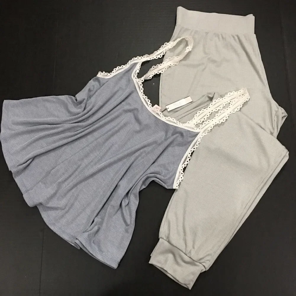 Victoria’s Secret Ribbed cami tank & pants pajama set Champagne Large